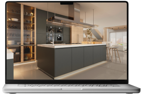 a large modern kitchen with earthy green cabinets and soft warm lightening shown on a laptop